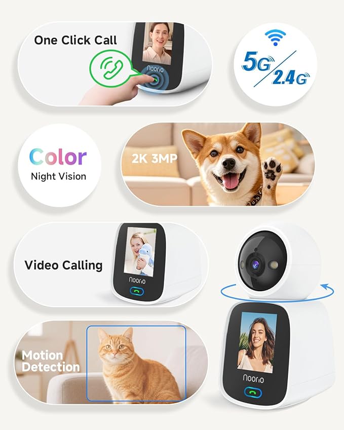 Noorio 5G Two Way Video Calling Camera, One Click Call 2K Pet Camera with Phone App, 360° PTZ Dog Cam with Speaker, Color Night Vision, 2.4 Inch Screen, CL200