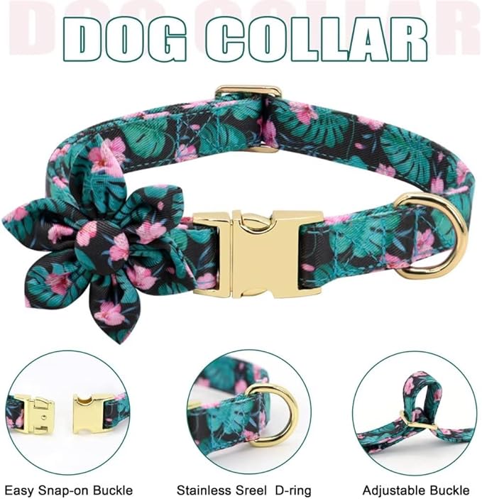 Beirui Cute Girl Dog Collars, Harnesses & Leashes Set - Adjustable Dog Collar and Leash Set with Flower - Soft Mesh Dog Vest Harness for Puppies Small Medium Dogs (Green,M)