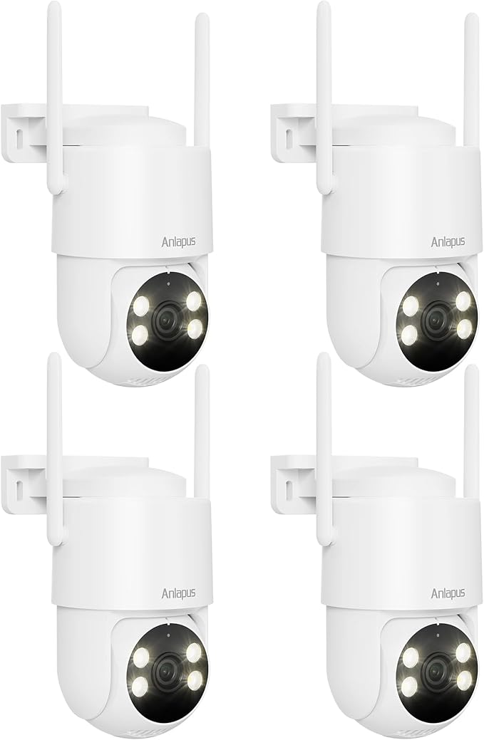 Anlapus 4 x C281 3MP 2K Security WiFi Camera Outdoor, 360° Pan/Tilt Wired Security Camera, AI Detect, Auto Track, Color Night Vision, 2-Way Talk, 2.4/5GHz, Light Siren Alarm, Cloud/Memory Card Storage