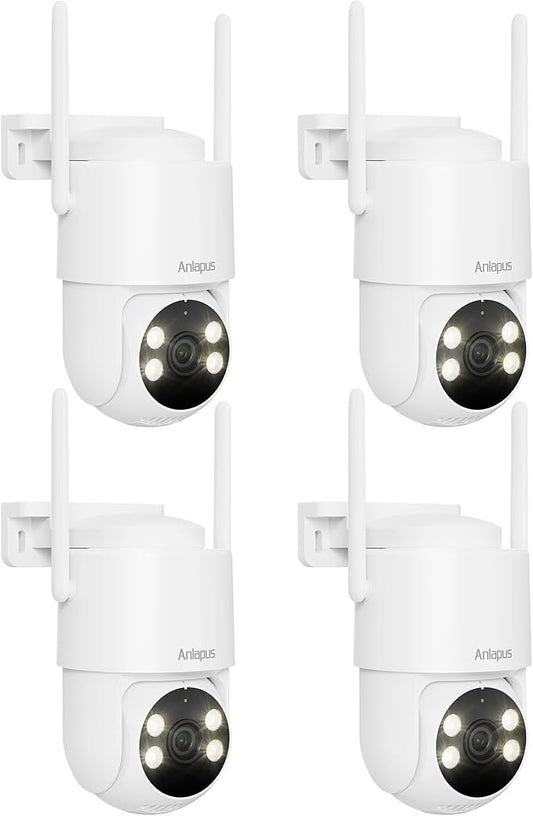 Anlapus 4 x C281 3MP 2K Security WiFi Camera Outdoor, 360° Pan/Tilt Wired Security Camera, AI Detect, Auto Track, Color Night Vision, 2-Way Talk, 2.4/5GHz, Light Siren Alarm, Cloud/Memory Card Storage