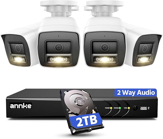 ANNKE 2MP Two-Way Audio Security Camera System, 8CH 3K Lite DVR, 4pcs 1080P CCTV White Wired Cams with Color Night Vision, AI Motion Detection, Smart AcuSearch, 2TB HDD for Outdoor Home Surveillance