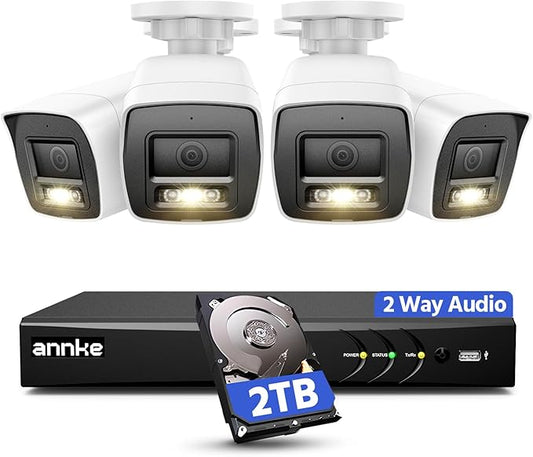 ANNKE 2MP Two-Way Audio Security Camera System, 8CH 3K Lite DVR, 4pcs 1080P CCTV White Wired Cams with Color Night Vision, AI Motion Detection, Smart AcuSearch, 2TB HDD for Outdoor Home Surveillance
