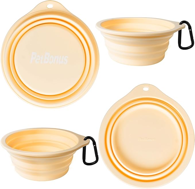 PetBonus 2-Pack Large Silicone Collapsible Dog Bowls, 34oz/1000ml BPA Free Portable Foldable Travel Bowl for Pet Cat, Food Water Feeding Dish for Camping with 2 Carabiners (Light Mint, Beige Cream)
