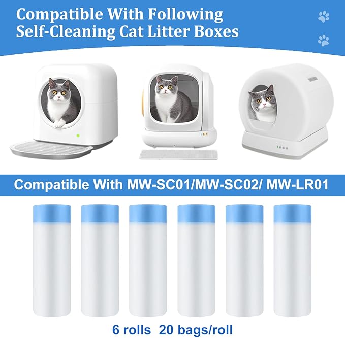 Thicken Cat Litter Bags 120 Pack, cat litter box liners, Leakproof Poop Bags & Waste Bags - Ultimate Odor Control and Leakproof Design,6 Rolls Drawstring Trash Bags for Automatic Litte(18x12.6 inches)