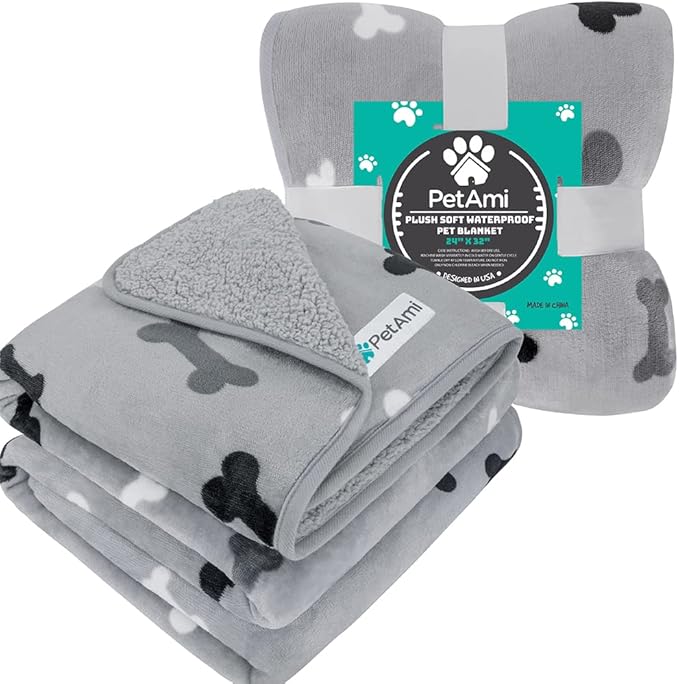 PetAmi Waterproof Dog Blanket Sherpa Fleece, Pet Small Medium Dog, Reversible Large Cat Throw Bed Couch Sofa Furniture Protector Soft Plush Microfiber (Small 24x32, Bone Print Gray), (24x32)