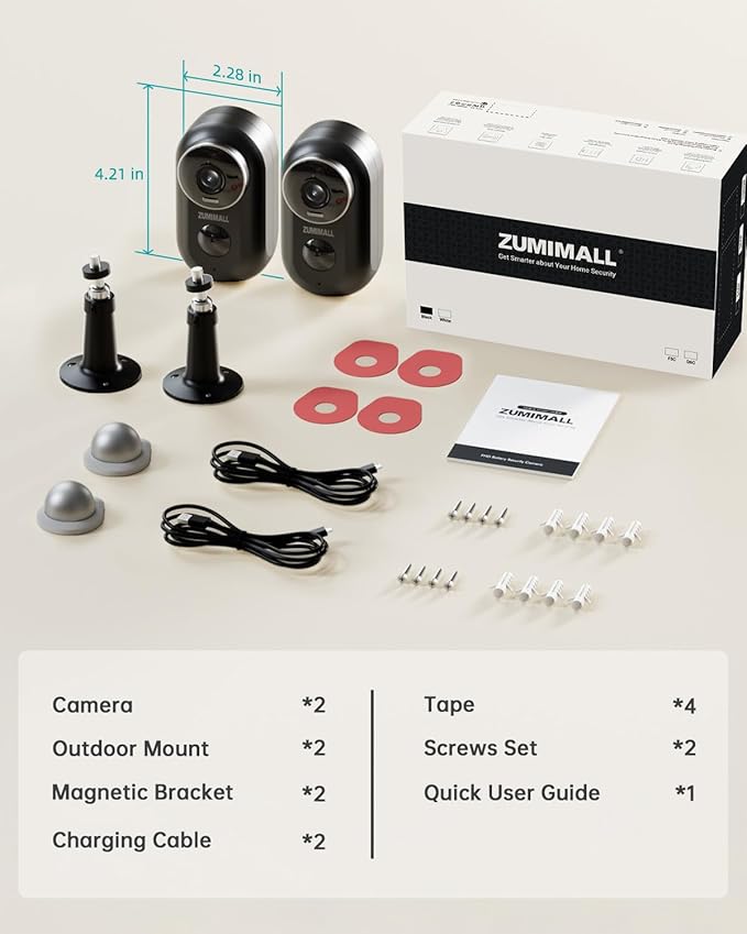 ZUMIMALL Security Cameras Wireless Outdoor, 2 Packs, 2K Cameras for Home Security, Outdoor/Indoor Camera Battery Powered, 2.4G WiFi, Magnetic Mount,3MP Color Night Vision/Siren/PIR/AI/Cloud/Alexa