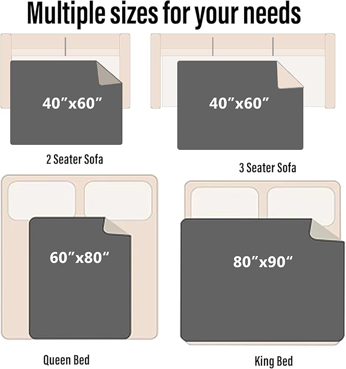 Waterproof Blanket for Bed, 80"x90" Leak-Proof Design, Reversible & Washable King Size Waterproof Blanket, Large Water Resistant Blankets, Reusable (Black/Light Grew)