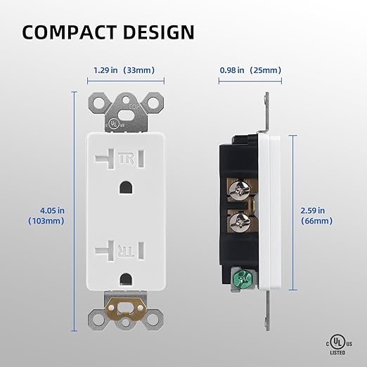 Decorator Wall Recetpacle Outlet, 10 Pack Tamper Resistant 20 Amp Standard Electrical Outlets, Self-Grounding, 2-Pole 3-Wire, UL Listed, White