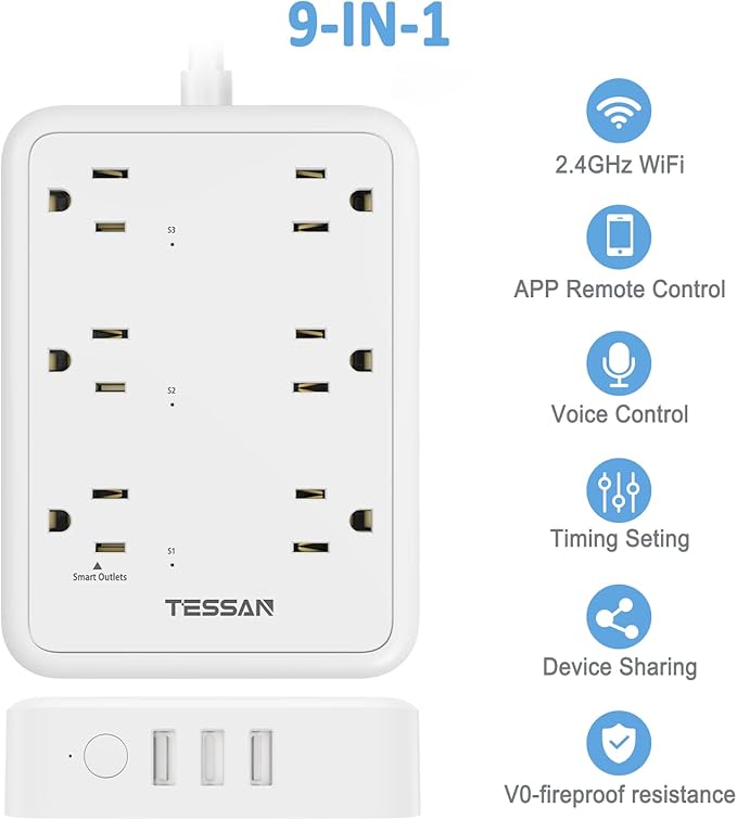 Smart Power Strip, TESSAN WiFi Flat Plug Strip with 3 Smart Outlets and 3 USB Ports, 6 Feet Extension Cord, Only 2.4 GHz Wi-Fi, Compatible with Alexa and Google Home, White