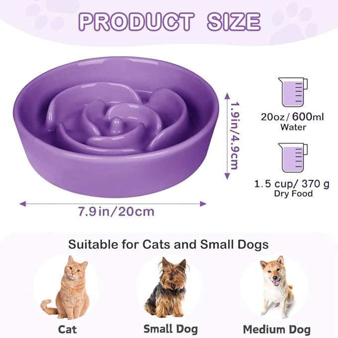 TRUVIC Ceramic Slow Feeder Dog Bowls, 1.5 Cup Puzzle Slow Feeder Bowls for Fast Eaters, Ceramic Dog Food Dish no Black Chin, Puzzle Bowl for Medium Dogs, Purple