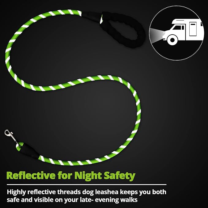 Rope Dog Leash 6 FT: Heavy Duty Leashes with Swivel Lockable Hook Reflective Threads Bungee and Padded Handle - Dog Lead for Large Small Medium Dogs Outside Walking Hiking Green