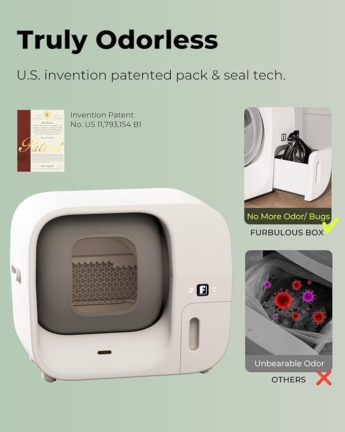 Furbulous True Odor-Free Self Cleaning and Packing Litter Box, Automatic Cat Litter Box with Self-Pack and Refill System, APP Control, Extra Large Space for 3.3-22 lbs Cats, Upgraded Version