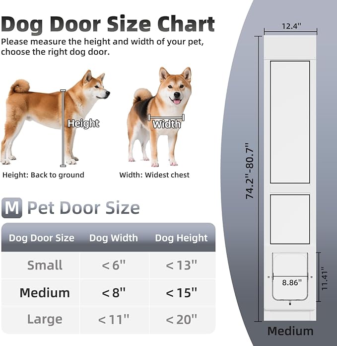 Dog Door for Sliding Glass Door with Magnetic Plastic Flat, Sliding Door Pet Doggie Door Insert with Lock, Adjustable Height No-Cut Required Doggy Door Access Renters, Apartments, Patio (White, M)