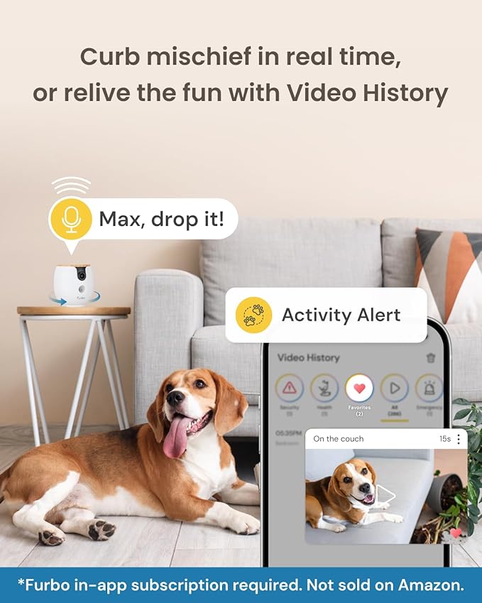 Furbo Mini 360° New 2K QHD Pet Camera - Unlock Smart Camera & Smart Features w/Paid Plan: Dog & Cat Safety Alerts, Rotating Treat Dispenser w/Speaker (Subscription Required, Low Risk 3mo Minimum)