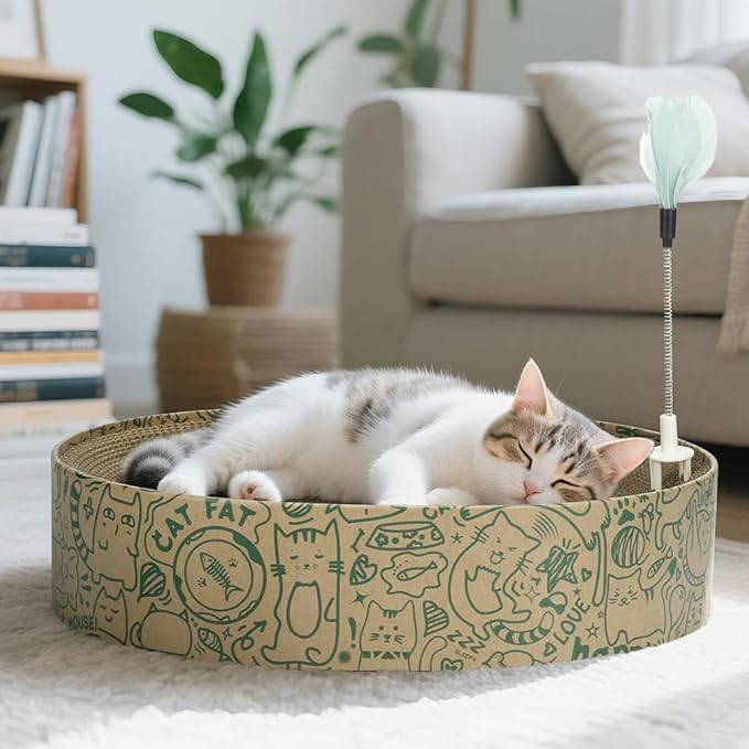 Cat Scratcher Cardboard 2in1 Oval Cat Scratcher Bed for Indoor Cats Cat Scratch Pad Bowl with Scratching Toy Corrugated Lounge Bed&Furniture Protector &Training Toy XL(Green)