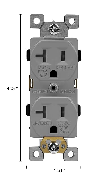 ENERLITES Duplex Receptacle, Tamper-Weather-Resistant, Residential/Commercial Grade Outdoor Outlet, Self-Grounding, 2-Pole, 3-Wire, 5-20R, 20A 125V, UL Listed, 62040-TWR-GY, Gray