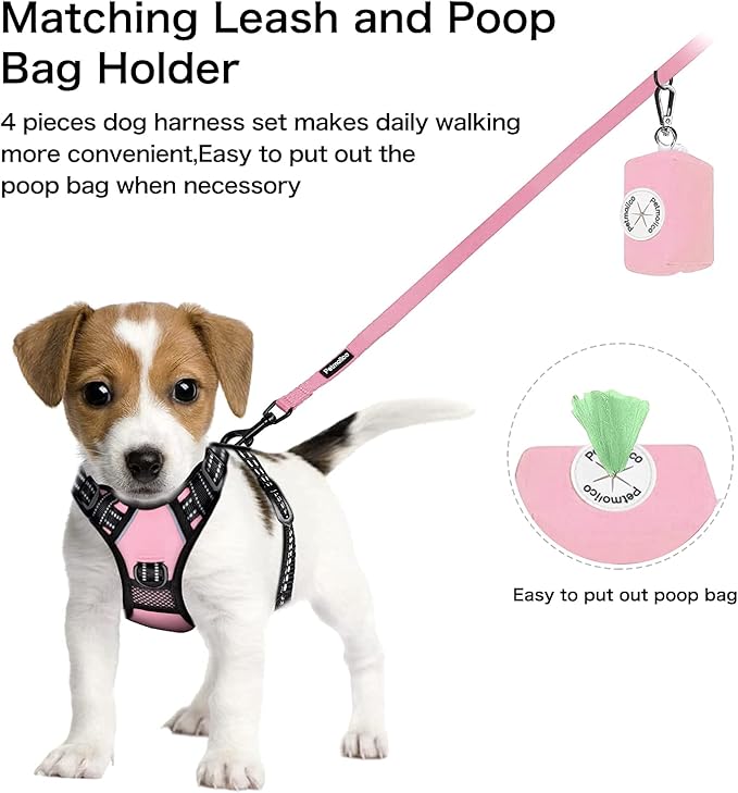 Petmolico No Pull Dog Harness Set with Leash Attachment Easy Control Handle Reflective Harness Vest Small Breed, Puppy Vest and Leash Set with Poop Bag Holder, Medium - Light Pink