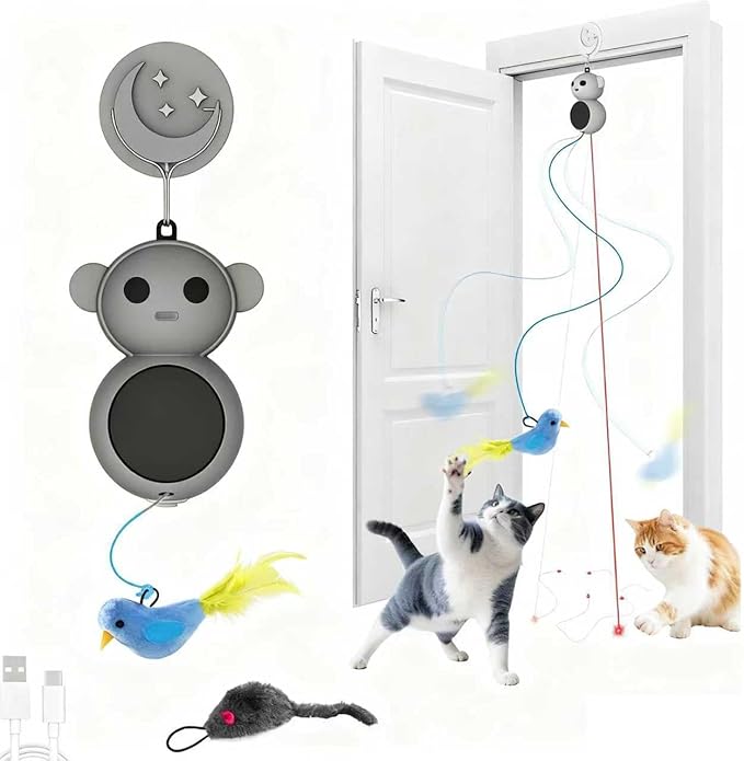 Interactive Cat Toys for Indoor Cats - Automatic Laser Cat Toys, Flying Bird Feather Cat Wand Toy, Best Kitten & Adult Cat Enrichment Stimulation Toy Hanging Electric Kitty Toys for Bored Cats (Black)