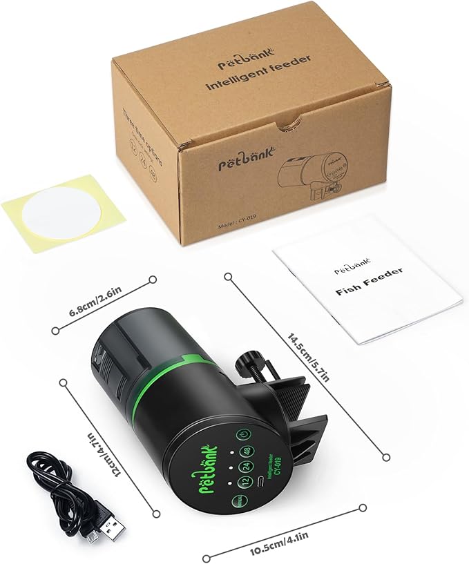 Automatic Fish Feeder for Aquarium - Auto Fish Food Dispenser Rechargeable for Small Large Tank with USB Charger Cable,12/24/48H Interval Esay Set Up (Black, CY-019)