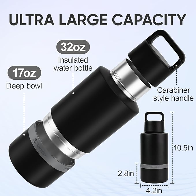 Insulated Dog Water Bottle with Travel Bowl, Portable Water Bottle Dispenser, Accessories for Road Trip, Hiking, Camping, Outdoor, Leak-Proof, Detachable (Black)