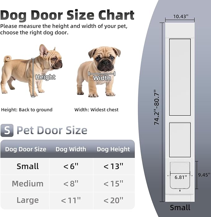 Dog Door for Sliding Glass Door with Magnetic Plastic Flat, Sliding Door Pet Doggie Door Insert with Lock, Adjustable Height No-Cut Required Doggy Door Access Renters, Apartments, Patio (White, S)