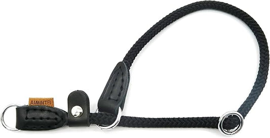 Braided Round Martingale Dog Collar, Training Collar with Slidable Stop Ring and Adjustable Stopper - Ideal for Small Dogs (S(1/4") - 14" Long, Black)