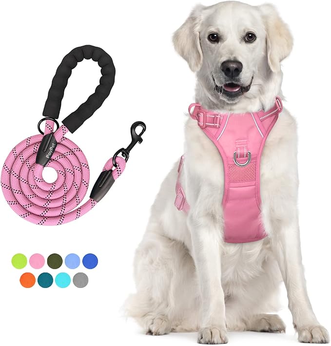 PoyPet No Pull Dog Harness and 5 Feet Leash Set, Release on Neck Reflective Adjustable Pet Vest, Front & Back 2 D-Ring and Soft Padded Pet Harness with Handle for Small to Large Dogs(Pink,L)
