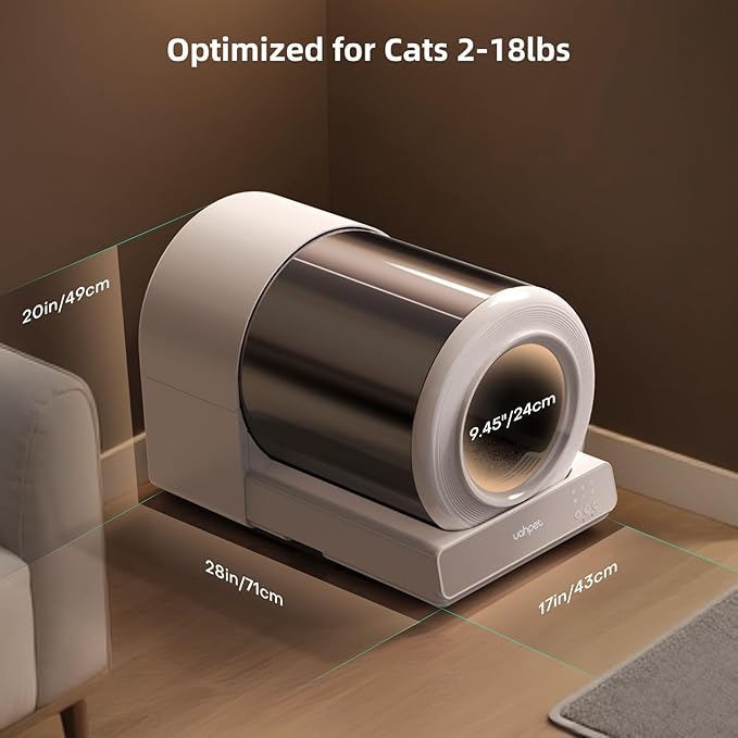uahpet Stainless Steel Self Cleaning Cat Litter Box, Automatic Cat Litter Box with APP Control, Lower Entry, Safety Sensors Includes Mat & Trash Bags