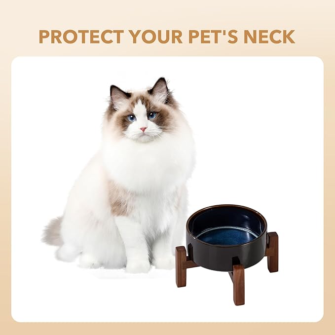 Ceramic 5.1inch Raised Dog and Cat Bowl Set, 2 Heights Elevated Wooden Stand for Puppy, Kitty, Cats, Weighted Pet Food and Water Dishes(5.1'',13.5oz, Starry Sky)