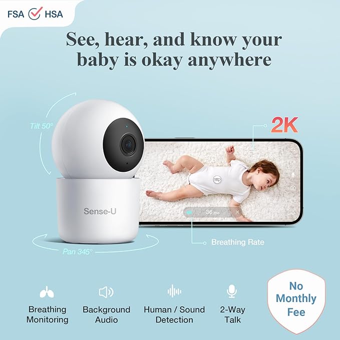 Sense-U AI 2K PTZ Baby Camera Monitor with Sensor-Free Sleep Breathing Movement Detection, Smart Security Indoor Video Camera with Background Audio, Sound Detection, No Monthly Fee, for Peace of Mind
