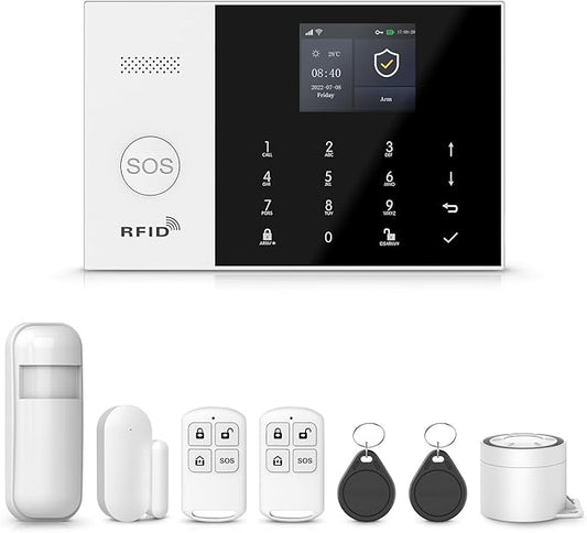 PGST 8 Pieces Smart Home Alarm System,Wireless Door Alarm Sensors,Motion Detector,Remote,4G SMS/Call/Tuya App Real-Time Alerts,Compatible with Alexa/Google for House,Villa,Apartment,Kids Safety