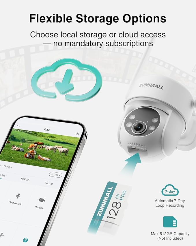 ZUMIMALL 24/7 Recording 4G LTE Cellular Security Camera, No WiFi AOV Solar Camera Outdoor, AI Detection, Motion Tracking, 2K Full-Color Night Vision, 8W Solar Panel, PTZ, Built-in SIM Card