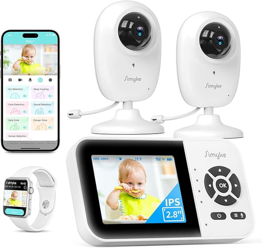 Smart Baby Monitor with 2 Cameras and Audio,App,Long Range,Night Vision,Temperature Sensor,2 Way Talk, Feeding Clock and lullabies,Home Use