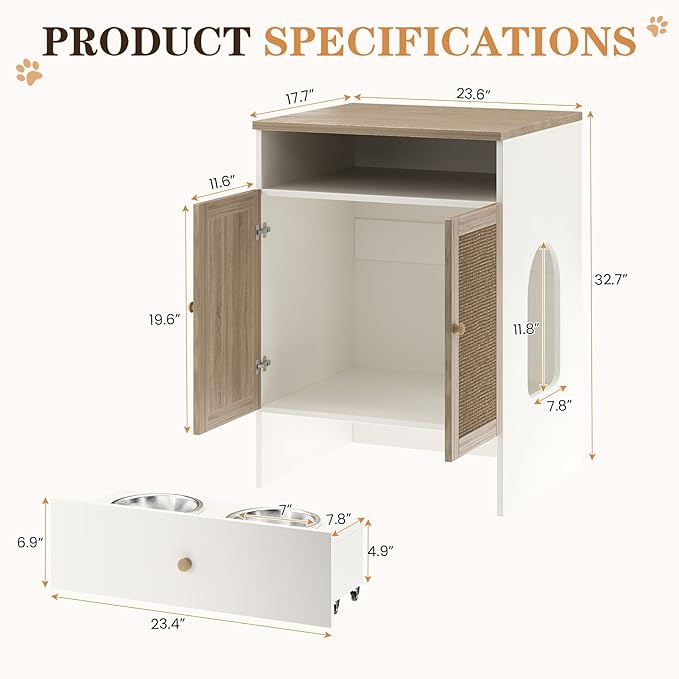 Cat Litter Box Enclosure Furniture, Indoor Wooden Cat Hidden Litter Box Furniture Cabinet with Scratching Board Doors and Feeder Bowls, 23"x17"x32"H