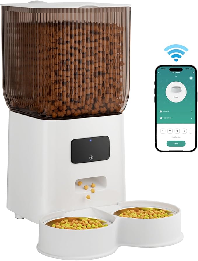Cat Feeder Automatic, 2.4G WiFi Automatic Dog Feeder with Remote Feeding Cat Food Dispenser for 2 Cats, 5L Pets Timed Automatic Feeders with Dual Power Supply