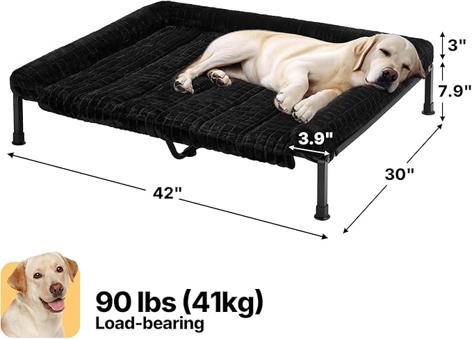 Veehoo Elevated Dog Bed Large Sized with Fluffy Plush Bolster Cushion, Washable Orthopedic Dog Couch Bed, Cooling Raised Pet Cot with Removable Mat, Breathable Mesh, No-Slip Feet, 42x 30 inches, Black