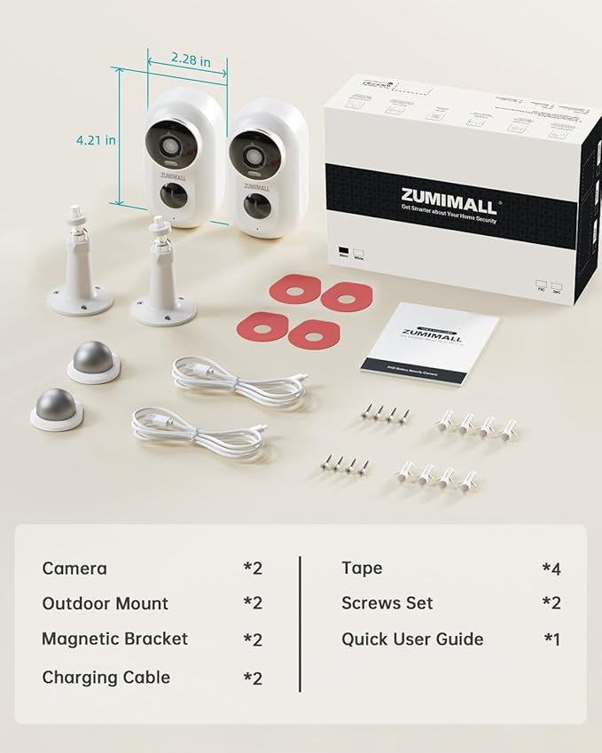 ZUMIMALL Security Cameras Wireless Outdoor, 2 Packs, 2K Cameras for Home Security, Outdoor/Indoor Camera Battery Powered, 2.4G WiFi, Magnetic Mount,3MP Color Night Vision/Siren/PIR/AI/Cloud/Alexa