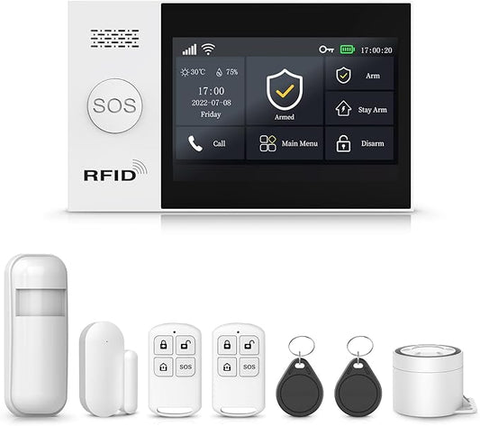 PGST Home Security Alarm System with 4.3”Touch Screen,4G/WiFi Wireless Alarm System,Tuya APP Real-Time Alerts,DIY Door/Window and Motion Sensors,Compatible with Alexa/Google (8 Piece Kits)
