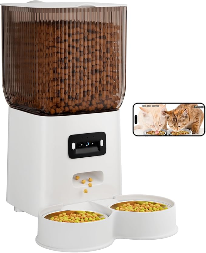 Cat Feeder with Camera, 5L Auto Dog Feeder with Dual Power Supply Pet Feeder for Easy Clean, Cat Food Dispenser for Multiple Pet Detachable (Vedio)