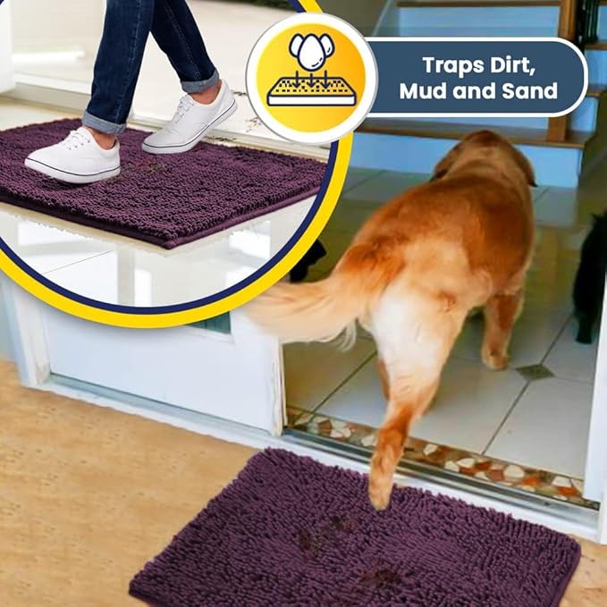 Muddy Mat® | Super Absorbent Door Mat Indoor, Microfiber Quick Dry Chenille Entryway Rug, Non-Slip Front Door Mat, Indoor Mats for Entryway, Machine Washable Pet Rug, Dark Purple 24"x60"