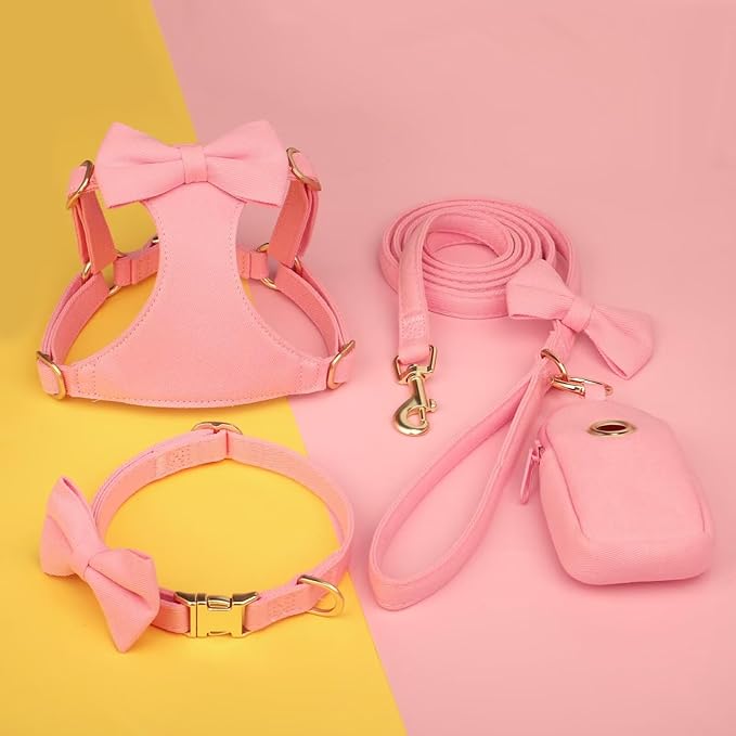 Beirui Cute XXS Dog Harness Set with Three Detachable Bows, Adjustable Step in Dog Harness Collar and Leash Set with Secure Metal Buckle for Daily Walking, Parties & Holiday Outfits(Pink,XXS)
