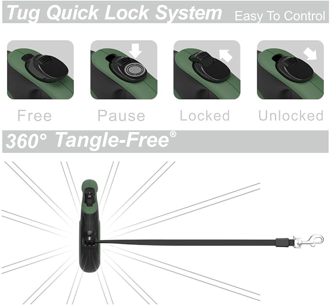 TUG Tiny 360° Tangle-Free Retractable Dog Leash with Anti-Slip Handle | 10 ft Nylon Tape | One-Handed Brake, Pause, Lock (Green)