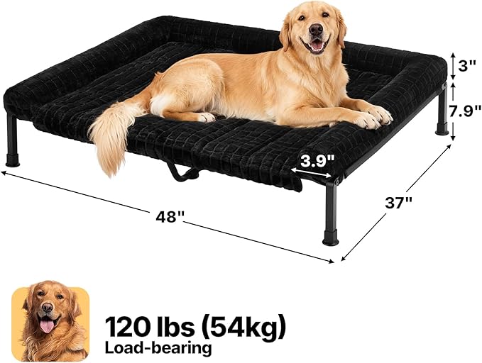 Veehoo Elevated Dog Bed Large Sized with Fluffy Plush Bolster Cushion, Washable Orthopedic Dog Couch Bed, Cooling Raised Pet Cot with Removable Mat, Breathable Mesh, No-Slip Feet, 48x 37 inches, Black