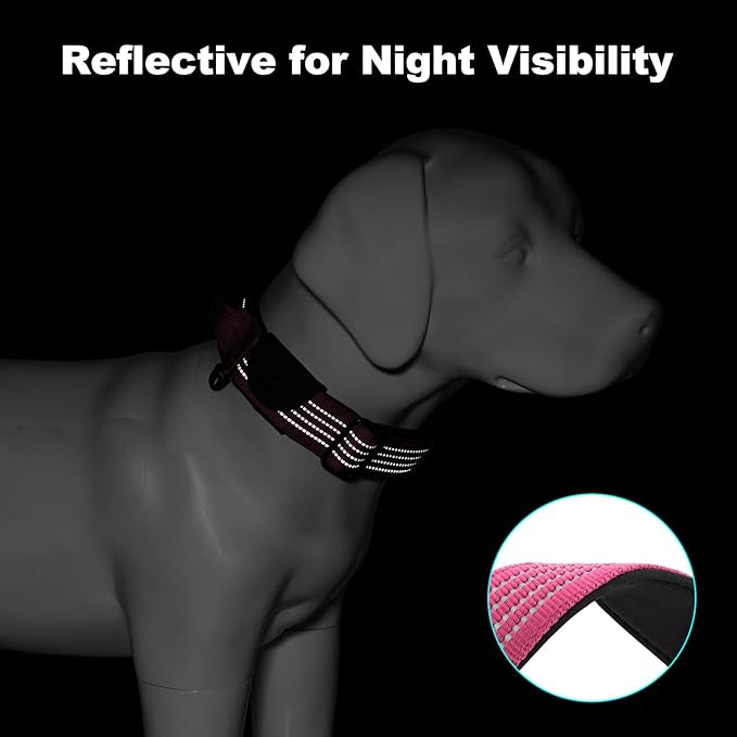 Plutus Pet Tactical Dog Collar with Tracker Packet for AirTag, Adjustable Reflective Nylon Collar, Metal Buckle, Leather-Wrapped Handle, Soft Padded for Medium Large Dogs (Pink, L)