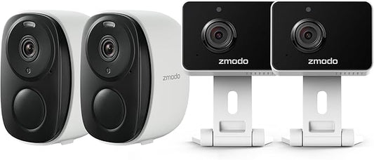 Zmodo 4 Security Cameras – Indoor Mini Pro + Wireless Outdoor/Indoor Battery Cam – Night Vision, AI Motion Detection, 2-Way Audio, Alexa Compatible, Cloud/SD Storage