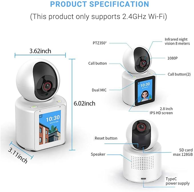 Two-Way Video Camera 2.8-inch Screen,Pet Camera,Dog Camera,Indoor Home Nanny Camera,Baby/Elder/Nanny/Dog/Pet Camera with Phone App(Im Cam),360°Smart Security Camera,1080p HD