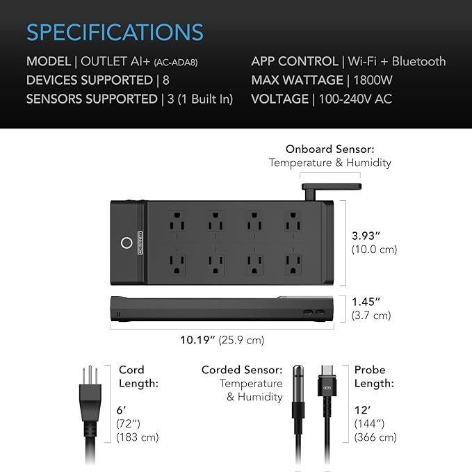 AC Infinity Outlet AI+, Environment Controller, Smart WiFi Power Strip, Dual-Zone Temperature Humidity, Individual Control 8 Plugs, AI Targeting, Thermostat Greenhouse Aquarium Terrarium Home, 1800W
