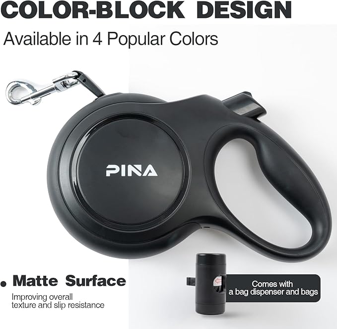 PINA Upgraded Retractable Dog Leash, 26 ft Dog Leash for Small Medium Large Dogs Up to 110lbs, Heavy Duty Reflective Nylon Tape 360° Tangle-Free, with Anti-Slip Handle, One-Handed Brake, Pause, Lock