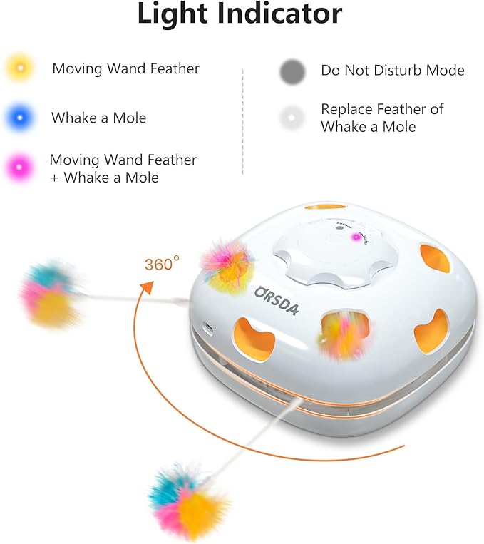 ORSDA Cat Toys for Indoor Cats, 4 in 1 Interactive Automatic Kitten Adult Cat Toy Whack a Mole, Hide and Seek, Moving Magic Wand & Chase Teaser, Rechargeable Touch/Timer Motion& Night DND Mode