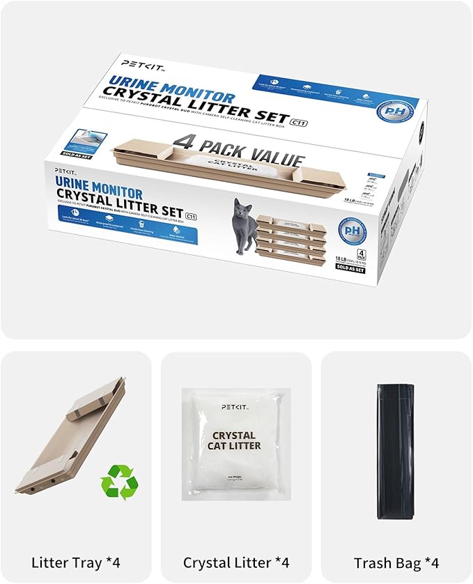 PETKIT Crystal Cat Litter with Tray, Suitable for Purobot Crystal Duo Self Cleaning Cat Litter Box, Dust-Free Mess-Free No Refilling, Odor Control, 4.5lbx4 Packs
